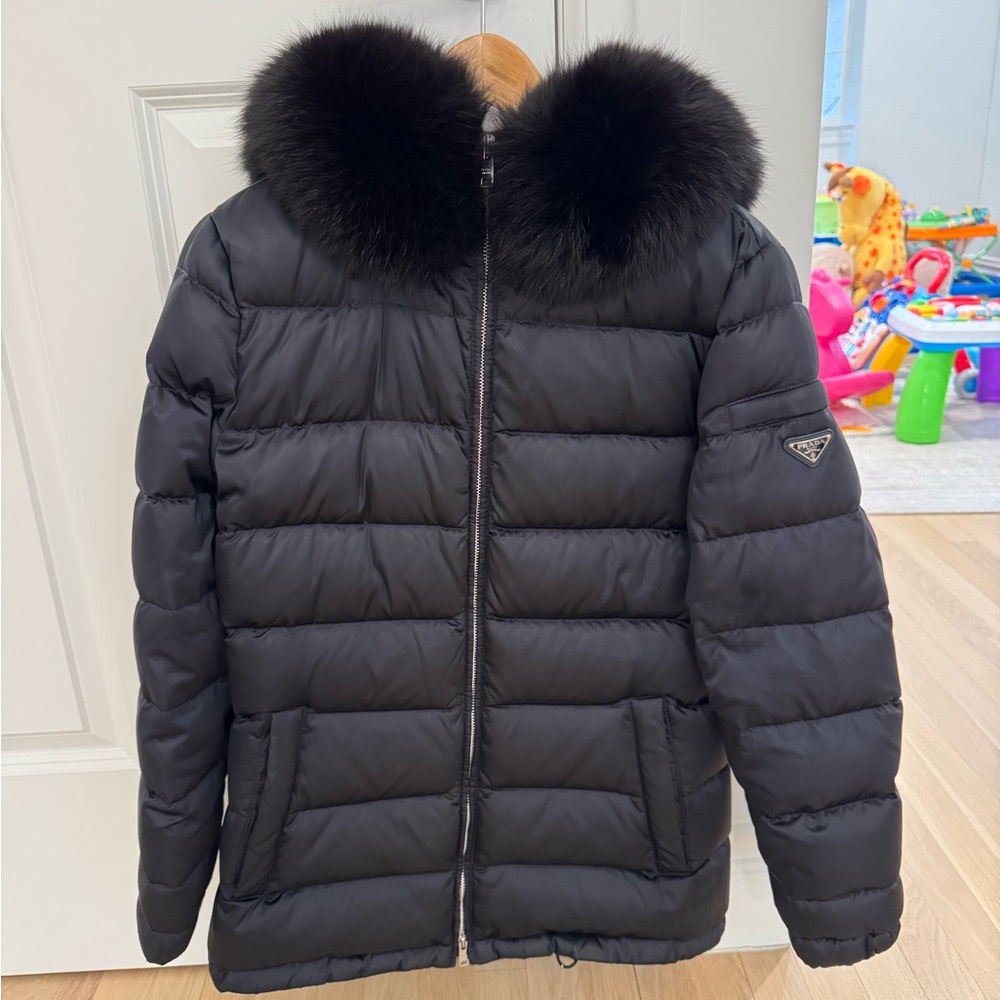 Prada Black Puffer Jacket with Fur Trim